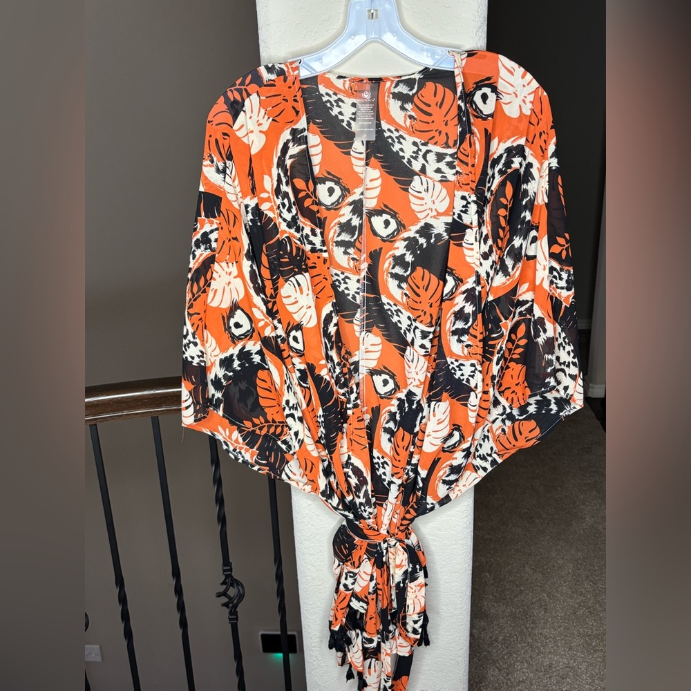 Women’s Orange Tropical Print Swim Coverup Lightweight Size 2X Vacation Boho